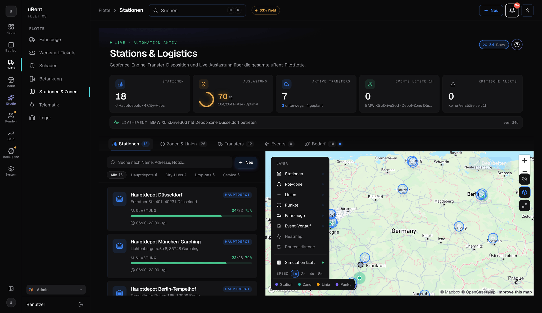 Fleet OS auf dem Desktop: Stationskarte mit 18 Depots, Auslastung und Live-Ereignissen des Tages