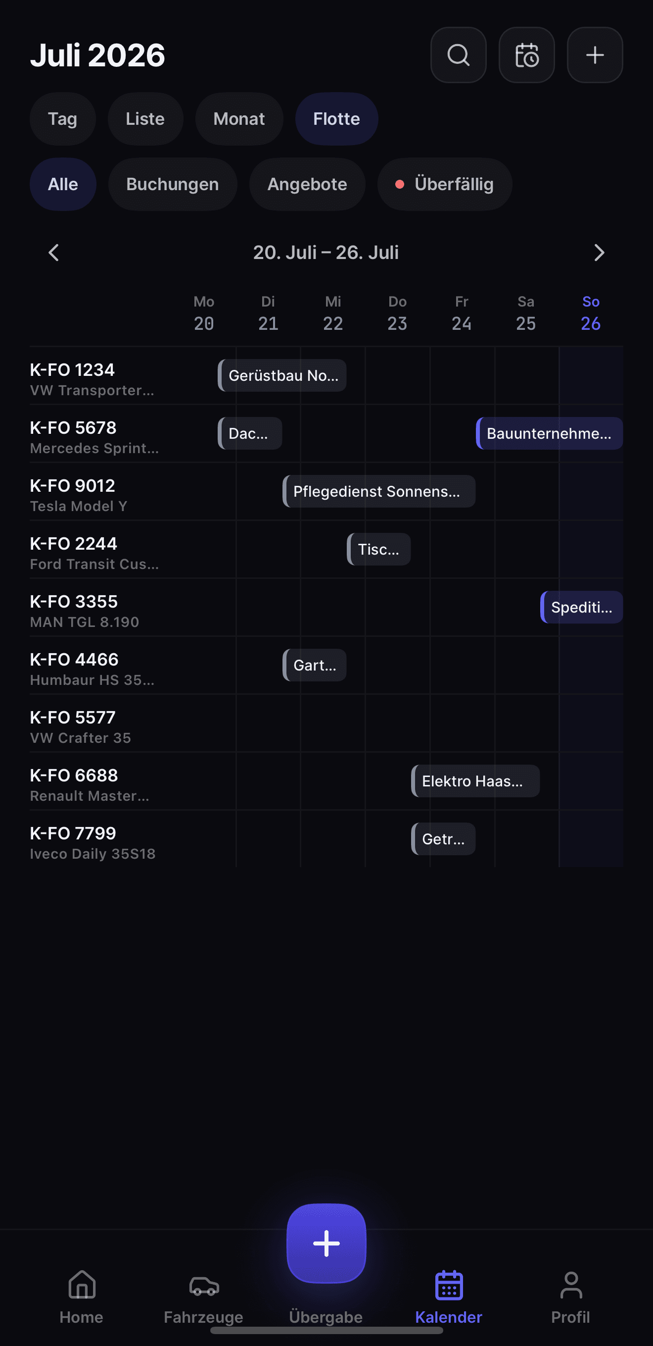 Fleet-OS-iOS-App — Dispo-Board: alle Fahrzeuge der Flotte als Zeitschienen über die Woche, mit Buchungsbalken je Kunde
