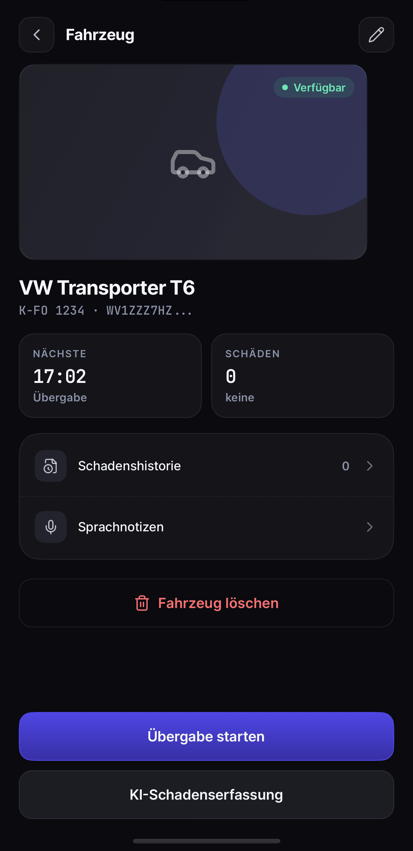 Fleet-OS-iOS-App — Fahrzeugdetail mit nächster Übergabe, Schadenshistorie und Sprachnotizen