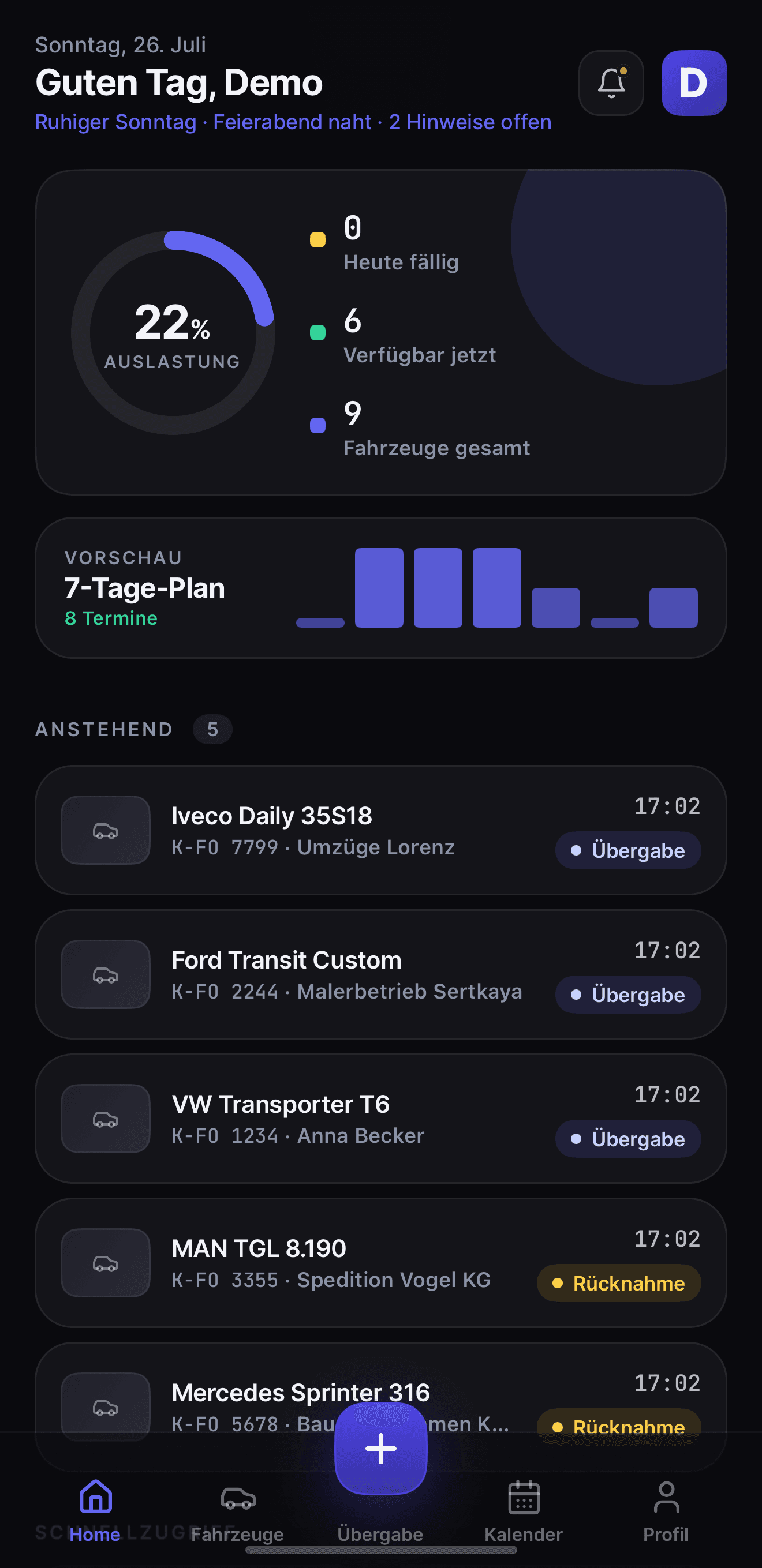 Fleet-OS-iOS-App — Tagesüberblick mit Auslastung, 7-Tage-Plan und den anstehenden Übergaben und Rücknahmen