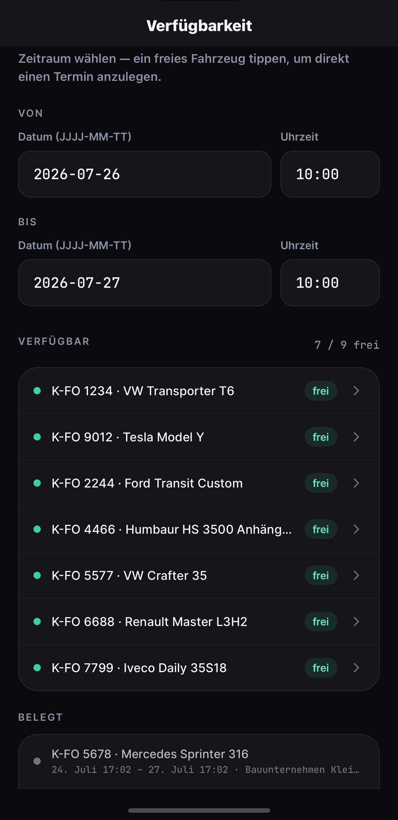 Fleet-OS-iOS-App — Verfügbarkeitssuche für einen Zeitraum: freie und belegte Fahrzeuge auf einen Blick