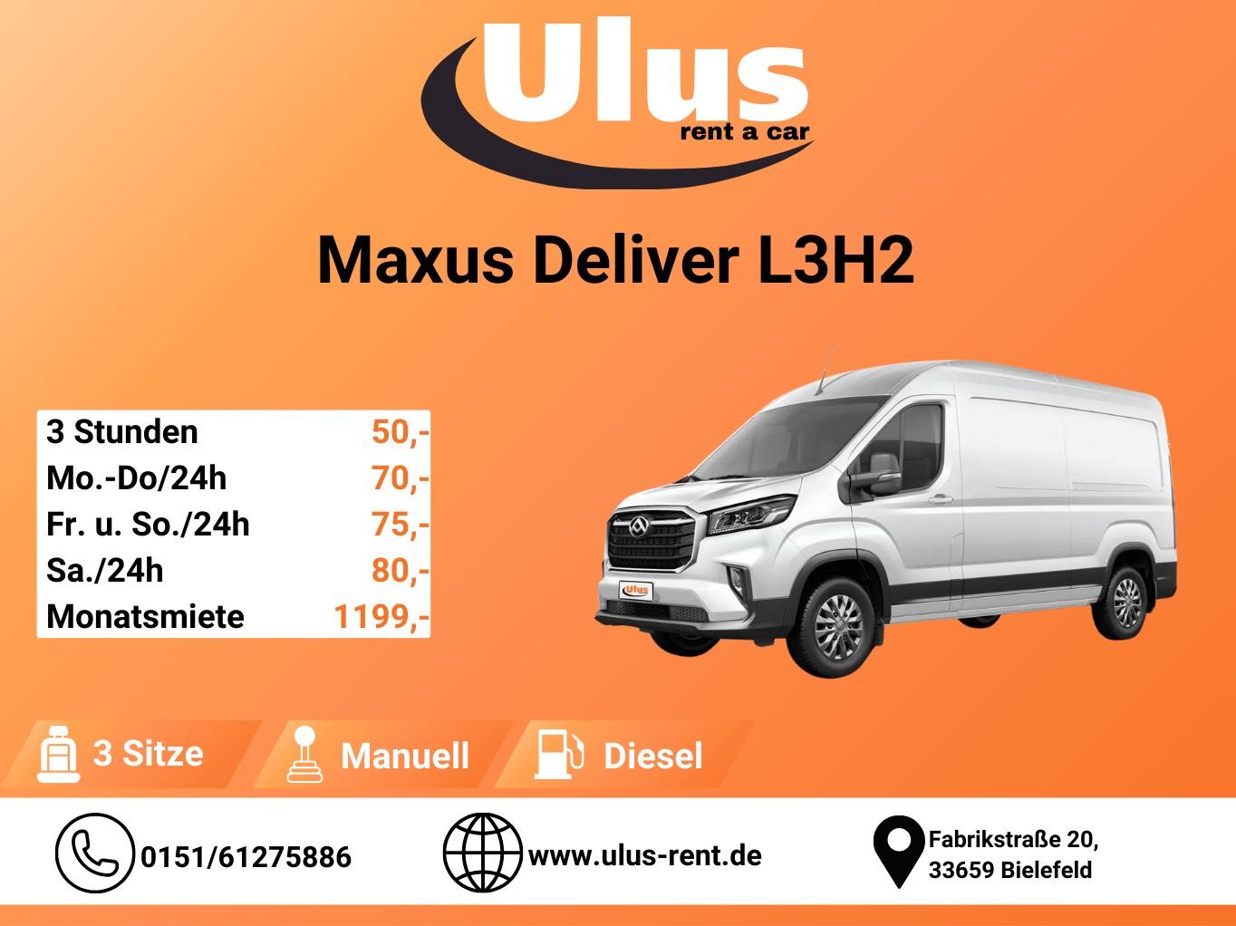 Maxus Deliver 9 L3H2 Transporter zu mieten / Umzug / Bulli / Auto / Kastenwagen / Vito / Transit / Transport / Sprinter / Günstige Transporter / Monatsmiete / L