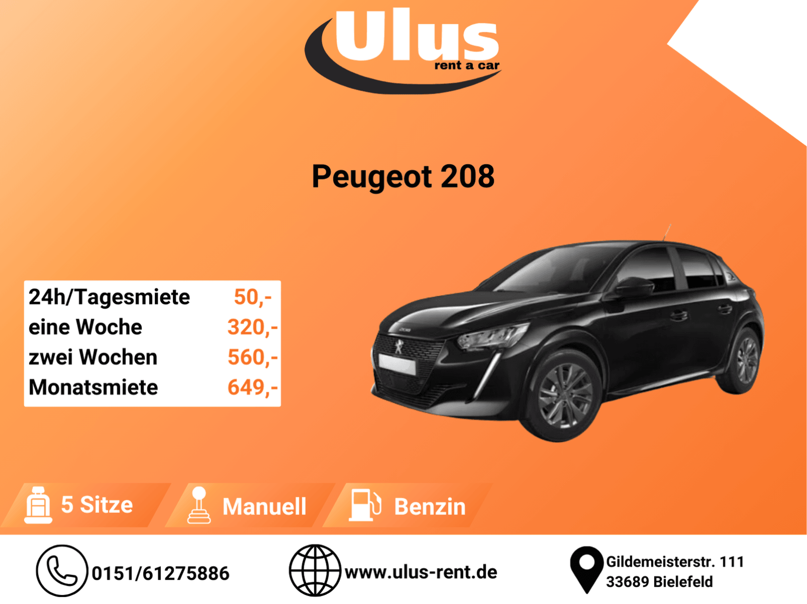 Peugeot 208 Schalter mieten, Mietwagen, Autovermietung, Auto mieten, Langzeitmiete, Monatsmiete