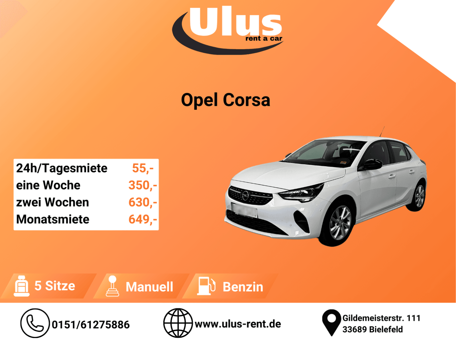 Opel Corsa mieten, Mietwagen, Autovermietung, Auto mieten, Langzeitmiete, Monatsmiete